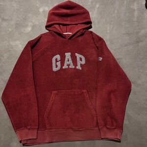 Vintage 90s GAP Athletic Spellout Logo Fleece Hoodie Sweatshirt Red Outdoor Tech